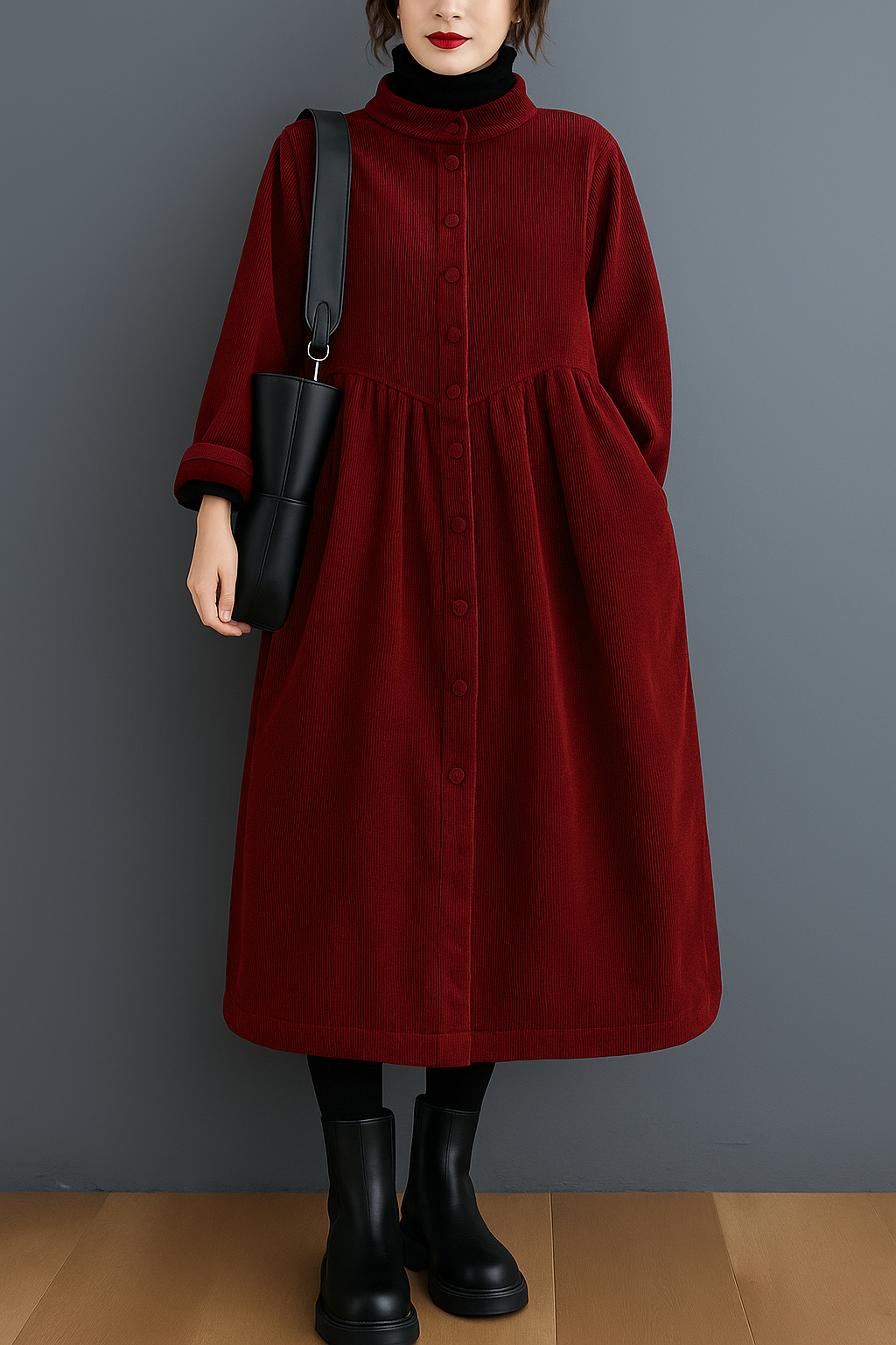 Lysandra – Cinched Blackish Green Corduroy Coat