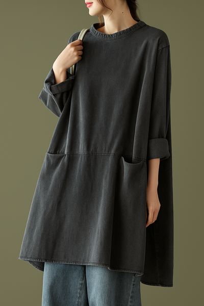 Zinnia – Boho Black Grey Denim Dress with Pockets