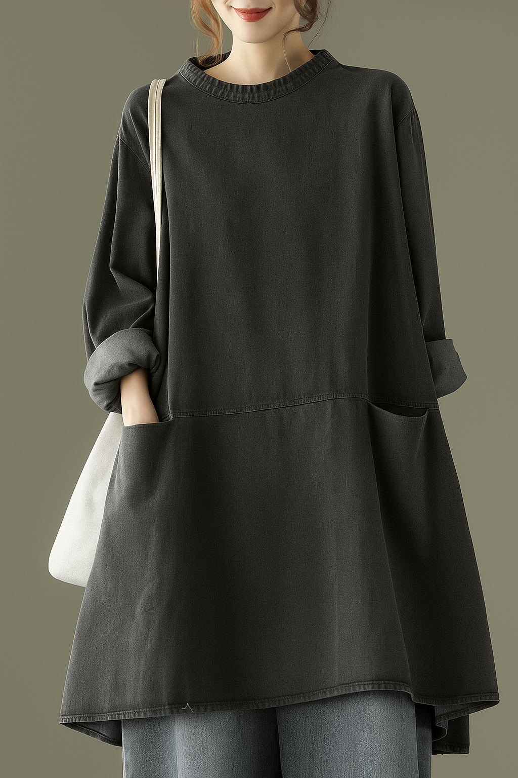 Zinnia – Boho Black Grey Denim Dress with Pockets