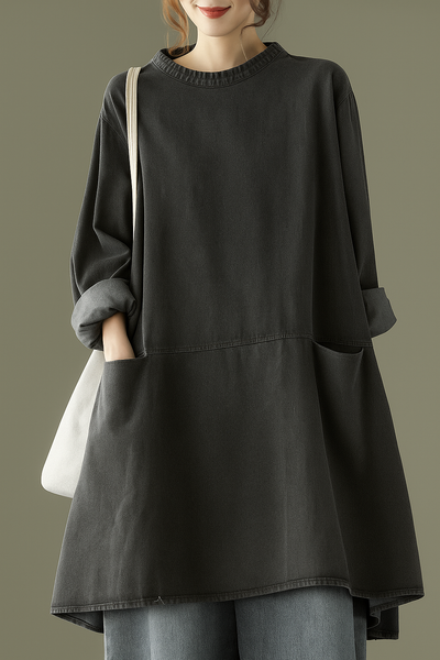 Zinnia – Boho Black Grey Denim Dress with Pockets
