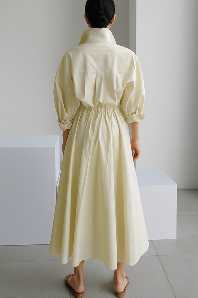 Viviana – Beige Cotton Dress With Peter Pan Collar And Pockets
