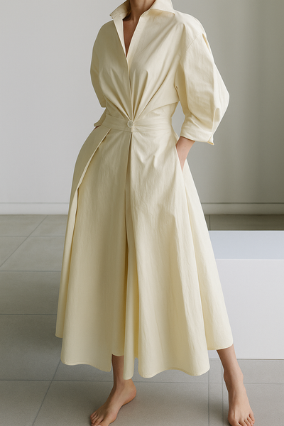 Viviana – Beige Cotton Dress With Peter Pan Collar And Pockets