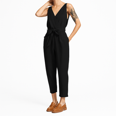 Liora - Sleeveless Linen Jumpsuit with Tie Waist and V-Neck