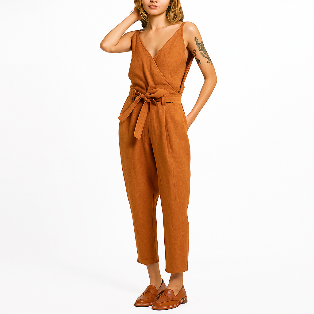 Liora - Sleeveless Linen Jumpsuit with Tie Waist and V-Neck