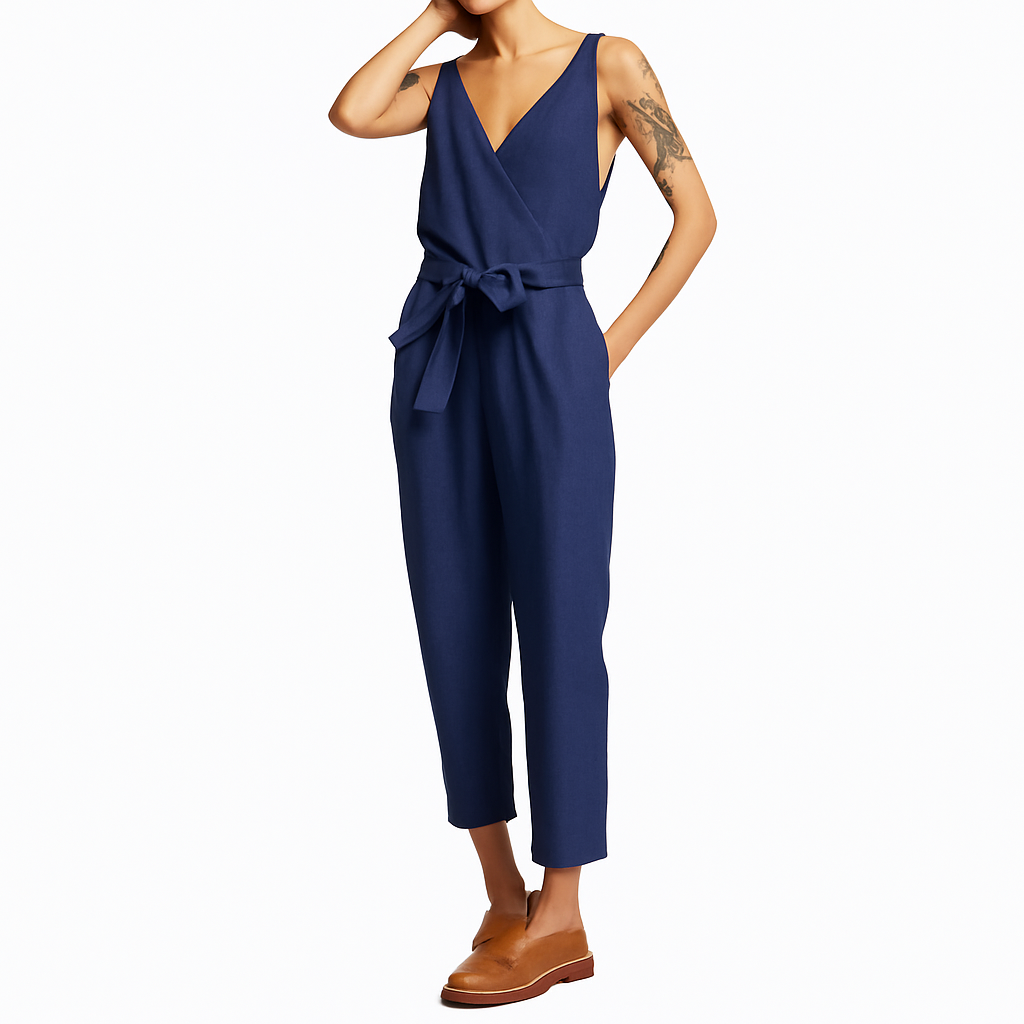 Liora - Sleeveless Linen Jumpsuit with Tie Waist and V-Neck