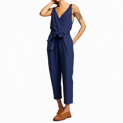 Liora - Sleeveless Linen Jumpsuit with Tie Waist and V-Neck