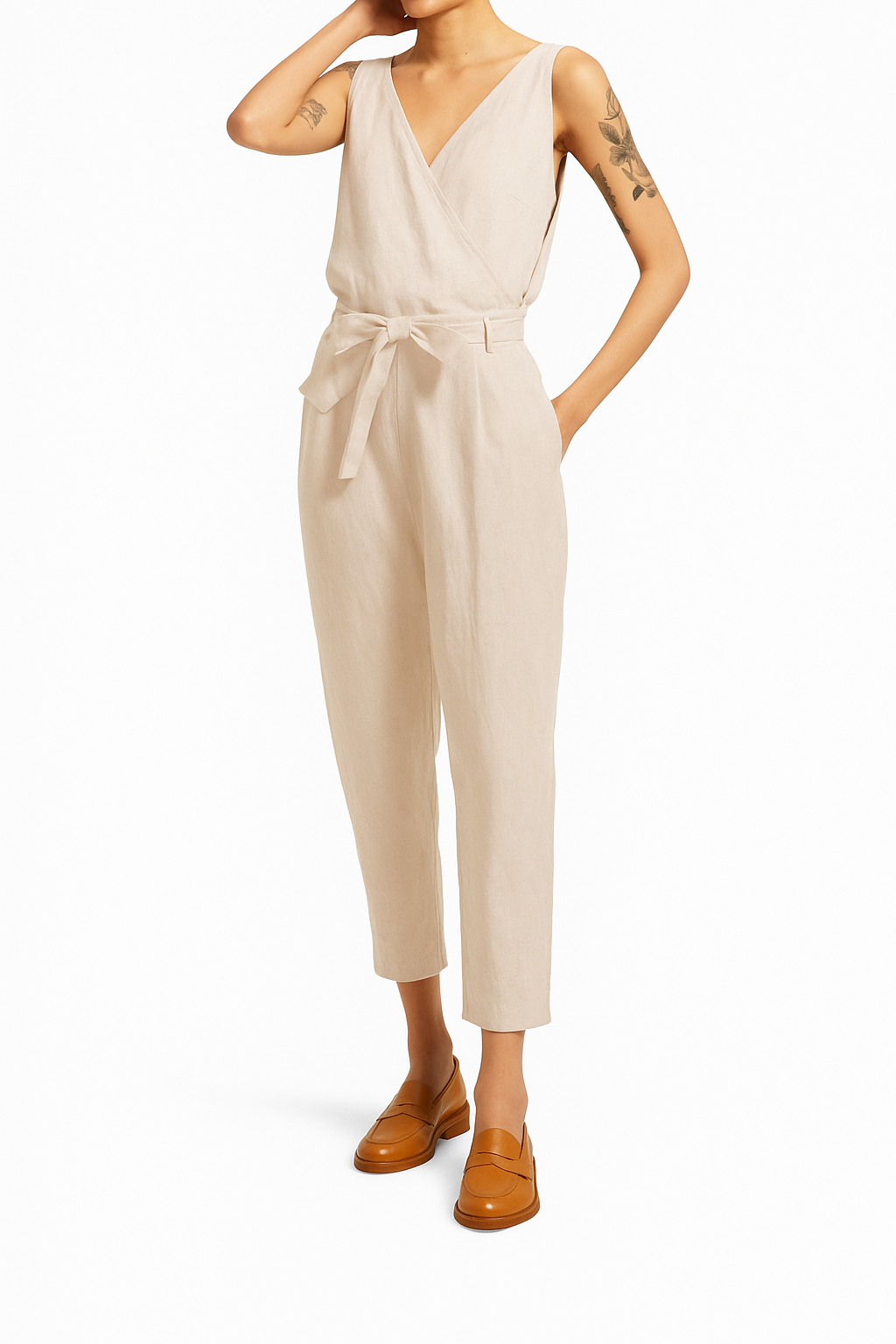 Liora - Sleeveless Linen Jumpsuit with Tie Waist and V-Neck