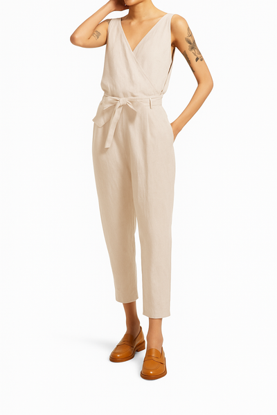 Liora - Sleeveless Linen Jumpsuit with Tie Waist and V-Neck