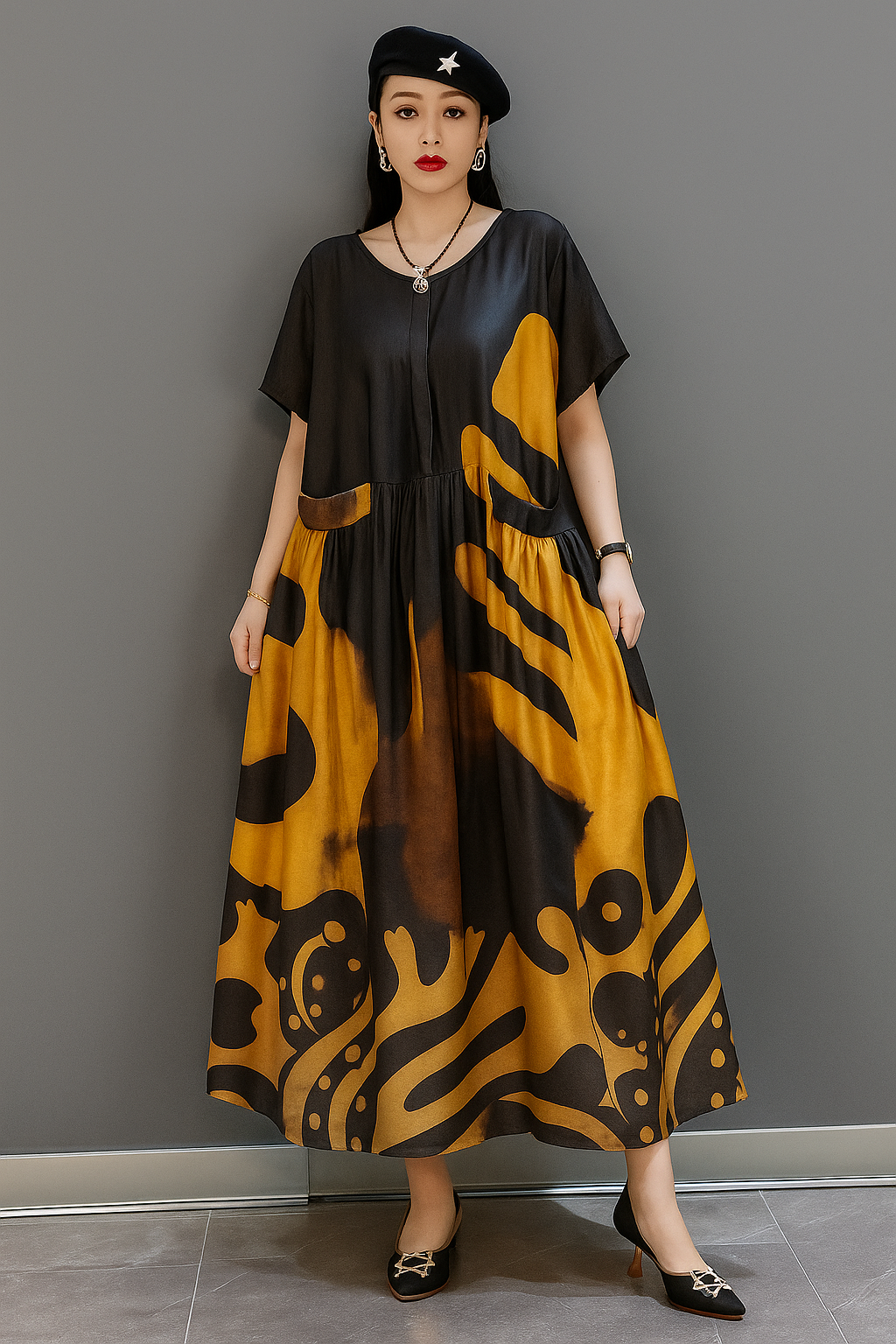 Tallulah – Loose O-Neck Print Satin Maxi Dress