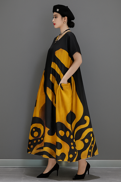 Tallulah – Loose O-Neck Print Satin Maxi Dress