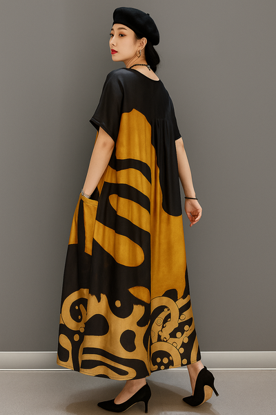 Tallulah – Loose O-Neck Print Satin Maxi Dress