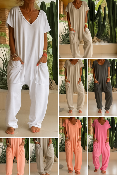 Queniva - Casual Loose-Fit V-Neck Jumpsuit with Side Pockets