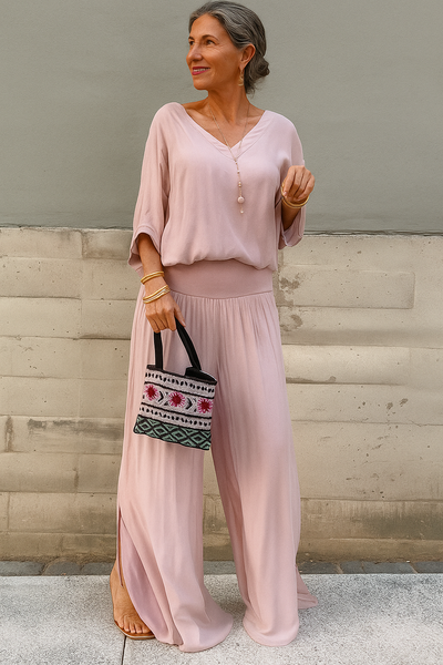 Rhoswen – Chiffon Two-Piece Set with Batwing Top & Wide-Leg Pants