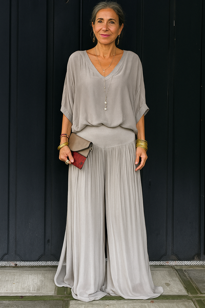 Rhoswen – Chiffon Two-Piece Set with Batwing Top & Wide-Leg Pants