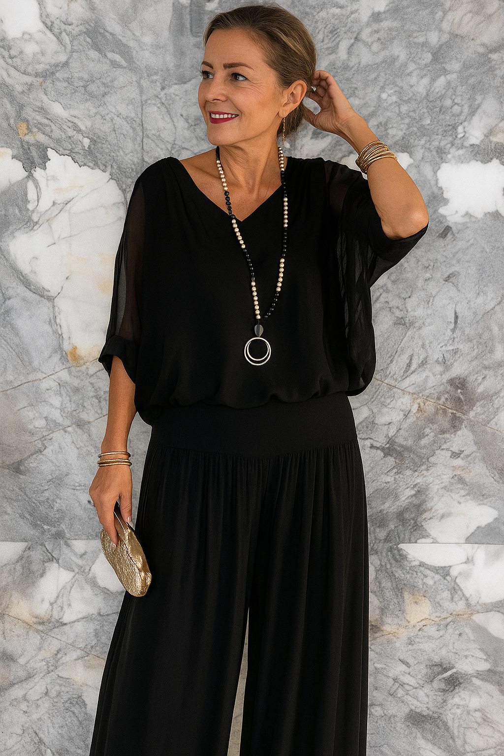 Rhoswen – Chiffon Two-Piece Set with Batwing Top & Wide-Leg Pants