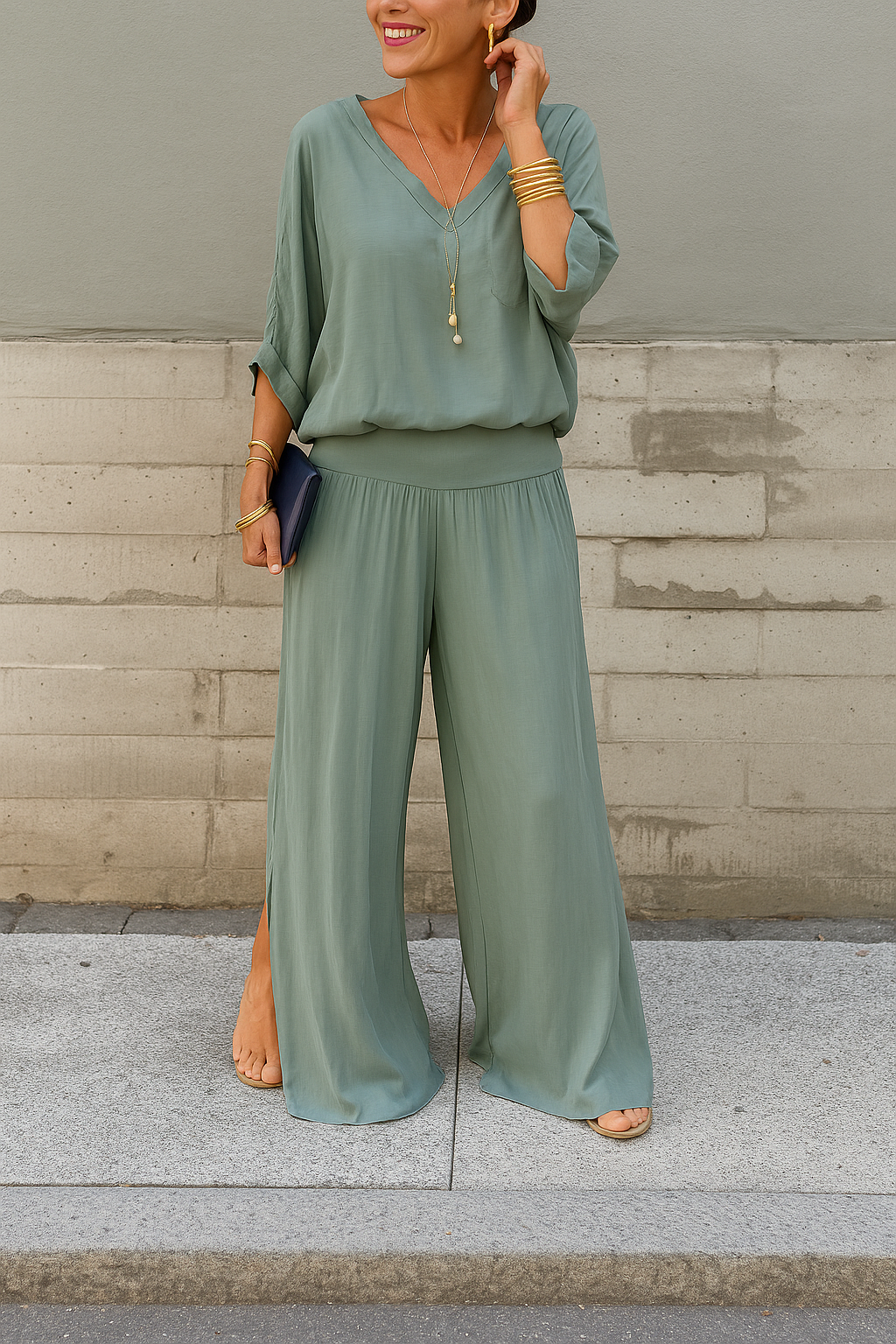 Rhoswen – Chiffon Two-Piece Set with Batwing Top & Wide-Leg Pants