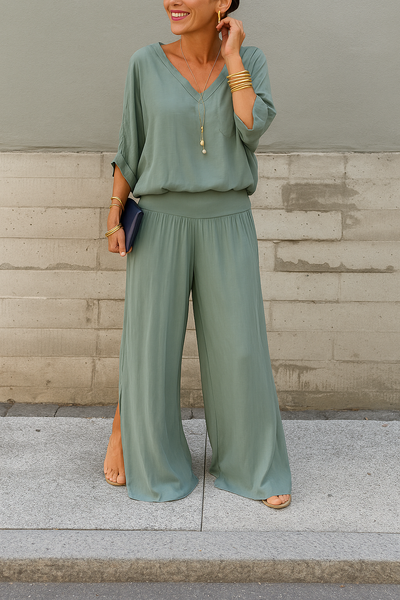 Rhoswen – Chiffon Two-Piece Set with Batwing Top & Wide-Leg Pants