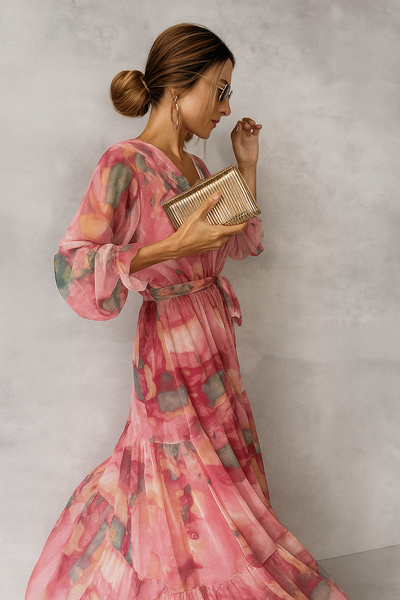 Rosalina – Pleated V-Neck Maxi Dress