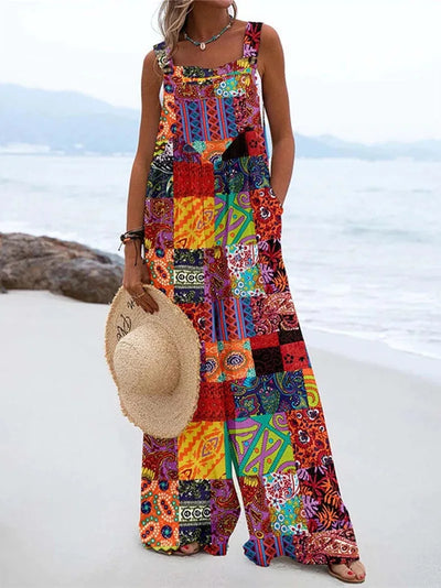 Diantha - Boho Wide-Leg Beach Jumpsuit with Bold Prints