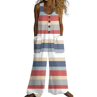 Faelina - Striped Sleeveless Cotton Jumpsuit with U-Neck and Pockets