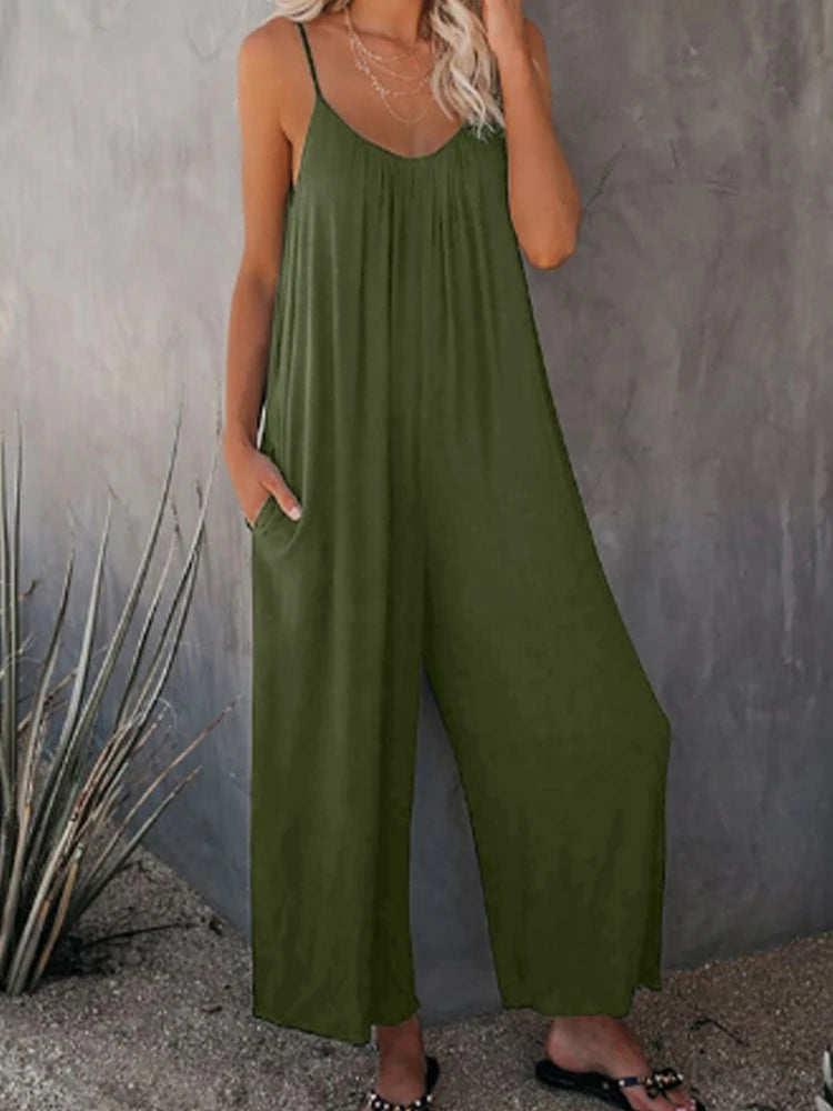 Emerentia - Wide-Leg Rayon Jumpsuit with Spaghetti Straps and Pockets