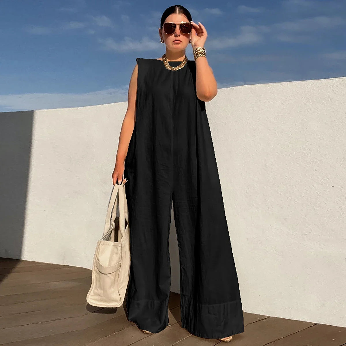 Ginevra - Sleeveless Cotton-Linen Wide-Leg Jumpsuit for Effortless Summer Style