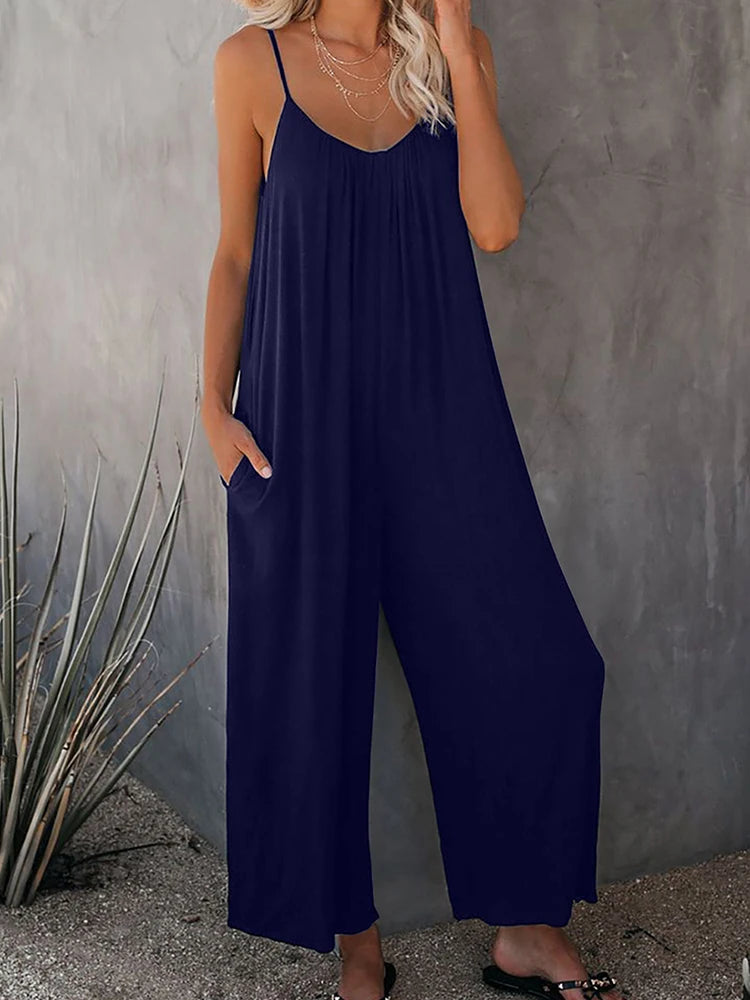 Emerentia - Wide-Leg Rayon Jumpsuit with Spaghetti Straps and Pockets