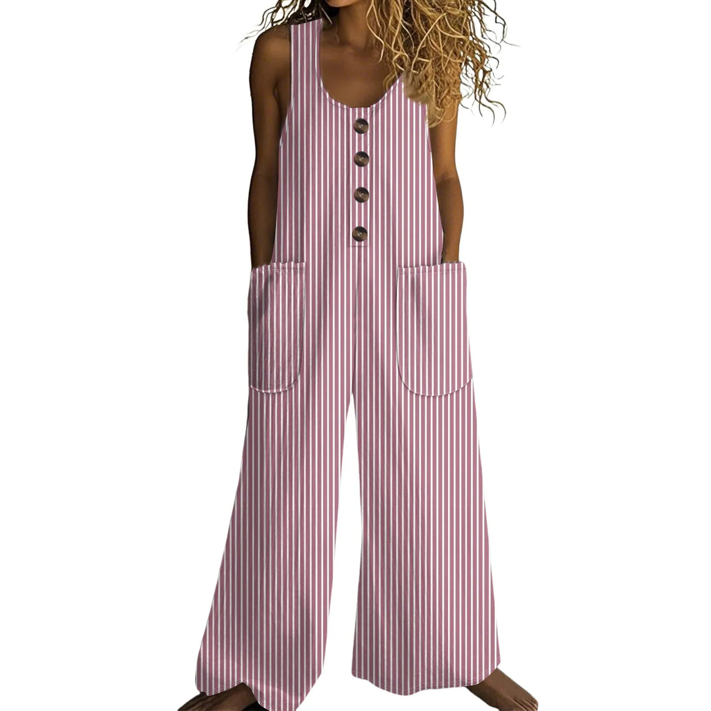 Faelina - Striped Sleeveless Cotton Jumpsuit with U-Neck and Pockets
