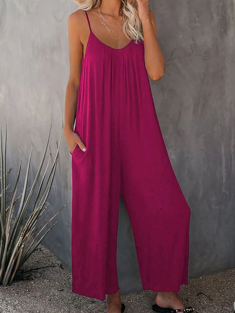 Emerentia - Wide-Leg Rayon Jumpsuit with Spaghetti Straps and Pockets