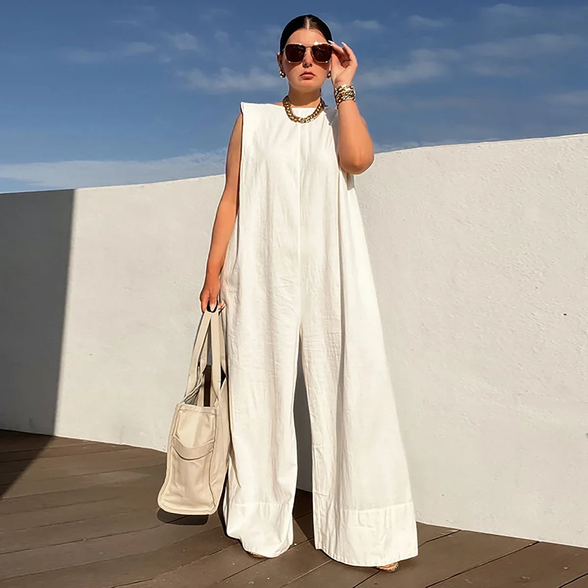 Ginevra - Sleeveless Cotton-Linen Wide-Leg Jumpsuit for Effortless Summer Style