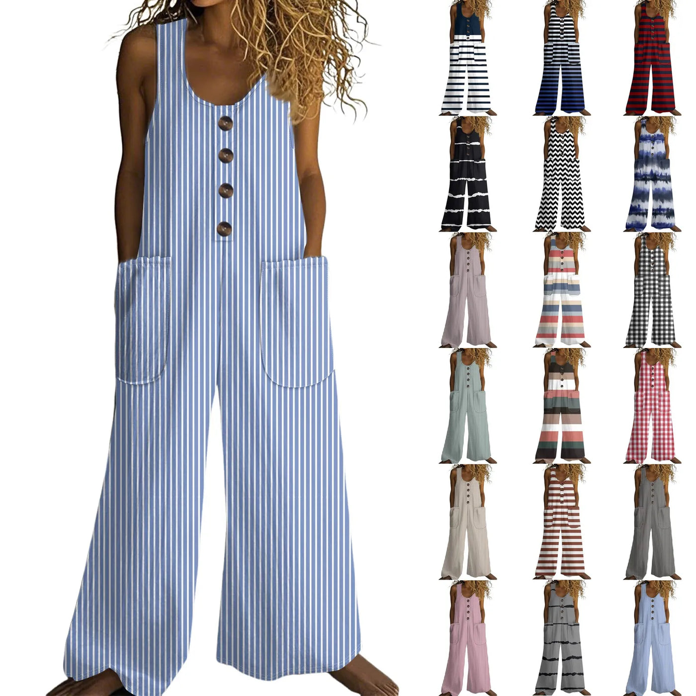 Faelina - Striped Sleeveless Cotton Jumpsuit with U-Neck and Pockets
