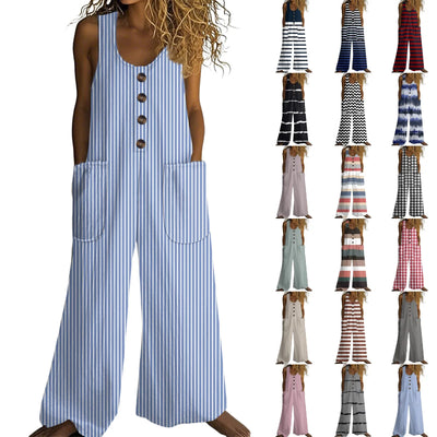 Faelina - Striped Sleeveless Cotton Jumpsuit with U-Neck and Pockets