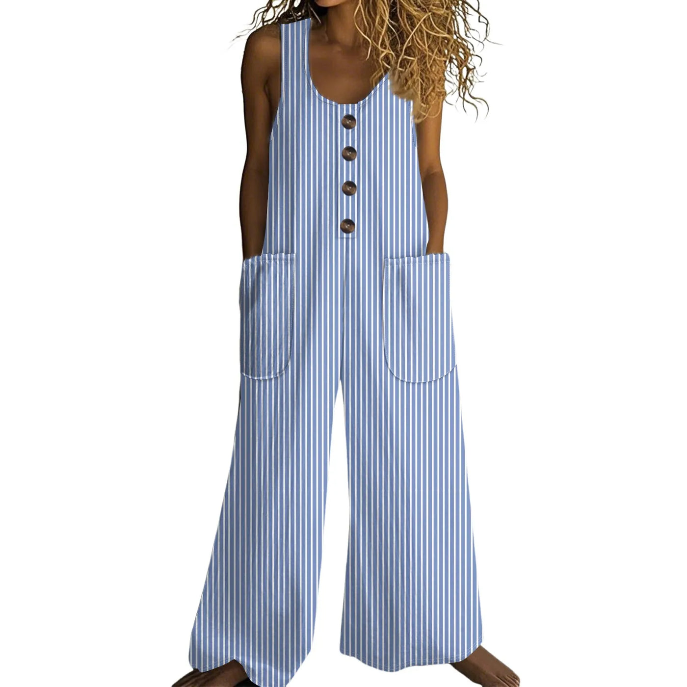 Faelina - Striped Sleeveless Cotton Jumpsuit with U-Neck and Pockets