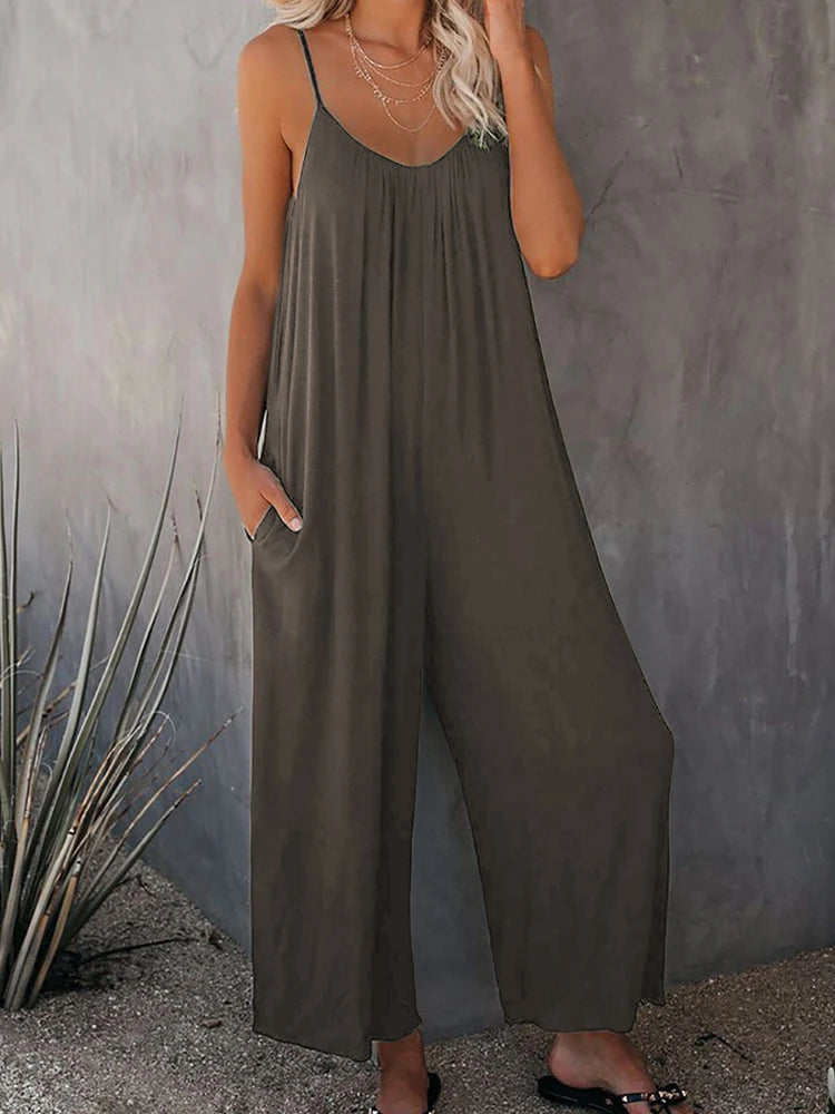 Emerentia - Wide-Leg Rayon Jumpsuit with Spaghetti Straps and Pockets