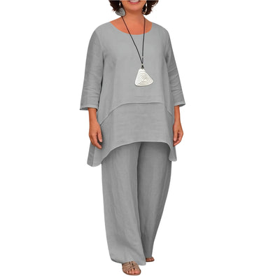 Celestia – Loose Cotton-Hemp Two-Piece Set with Long Sleeve Top & Casual Pants